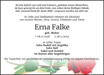 Traueranzeige von Erna Falke von Super Sonntag Bernburg