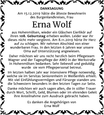 Traueranzeige von Erna Wolf von Wochenspiegel Weißenfels
