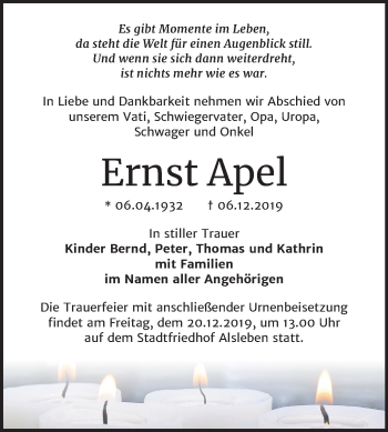 Traueranzeige von Ernst Apel von Mitteldeutsche Zeitung Bernburg