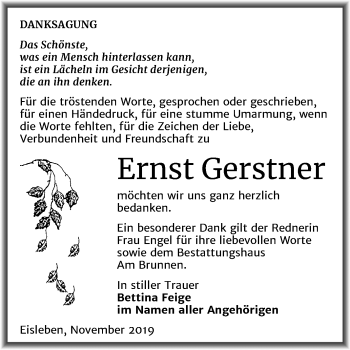 Traueranzeige von Ernst Gerstner von Wochenspiegel Mansfelder Land