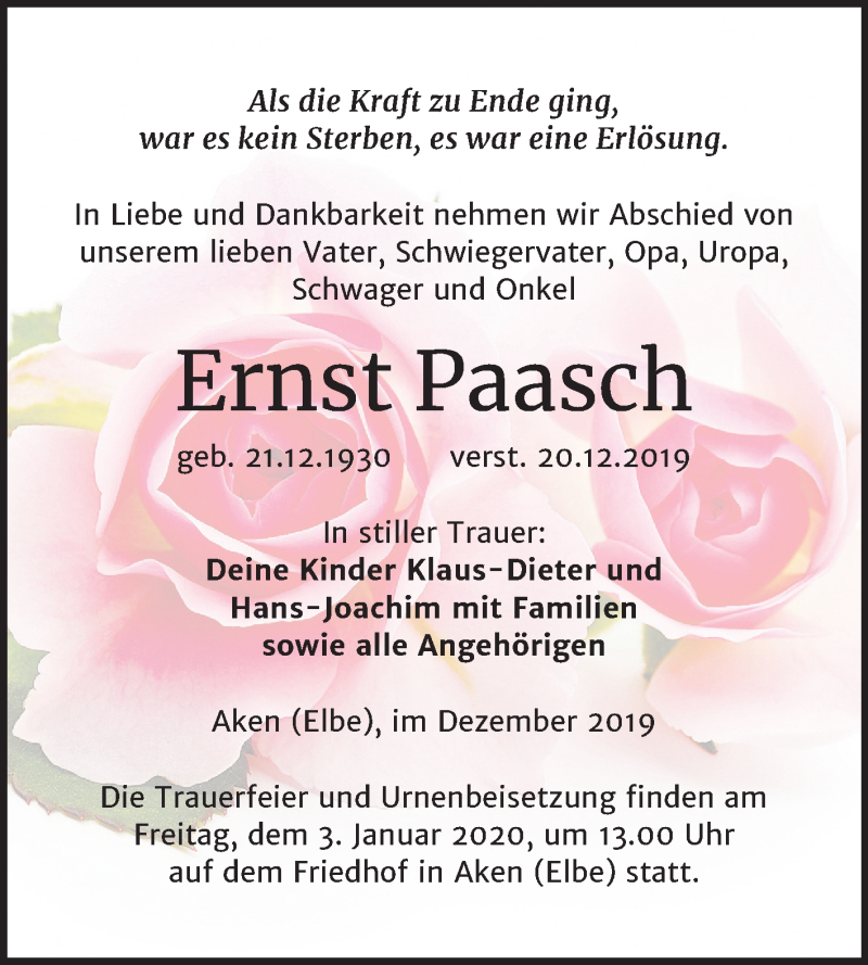  Traueranzeige für Ernst Paasch vom 24.12.2019 aus Mitteldeutsche Zeitung Köthen
