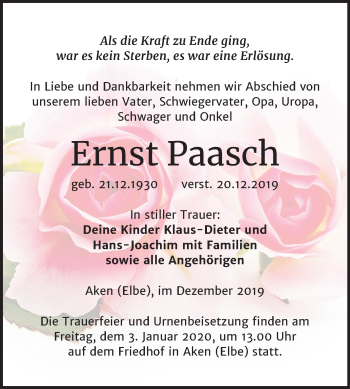 Traueranzeige von Ernst Paasch von Super Sonntag Köthen