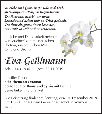 Traueranzeige von Eva Gehlmann von Super Sonntag Merseburg/Querfurt