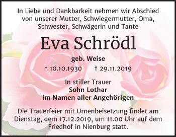 Traueranzeige von Eva Schrödl von Super Sonntag Bernburg