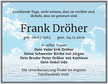 Traueranzeige von Frank Dröher von Super Sonntag Wittenberg