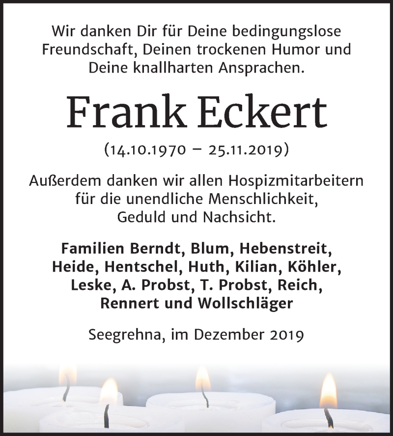  Traueranzeige für Frank Eckert vom 07.12.2019 aus Super Sonntag Wittenberg