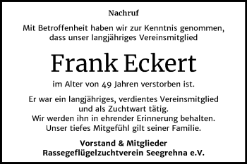 Traueranzeige von Frank Eckert von Super Sonntag Wittenberg