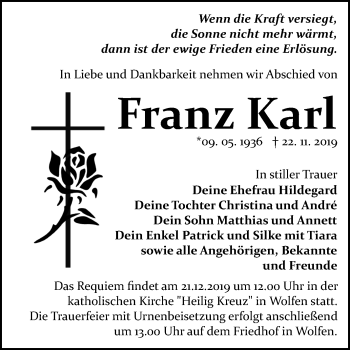 Traueranzeige von Franz Karl von Wochenspiegel Bitterfeld