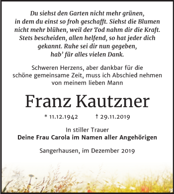 Traueranzeige von Franz Kautzner von Mitteldeutsche Zeitung Sangerhausen