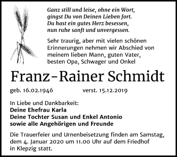 Traueranzeige von Franz-Rainer Schmidt von Super Sonntag Köthen