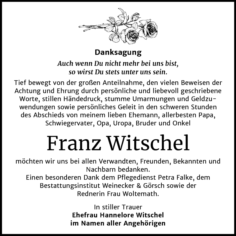  Traueranzeige für Franz Witschel vom 21.12.2019 aus Mitteldeutsche Zeitung Bernburg
