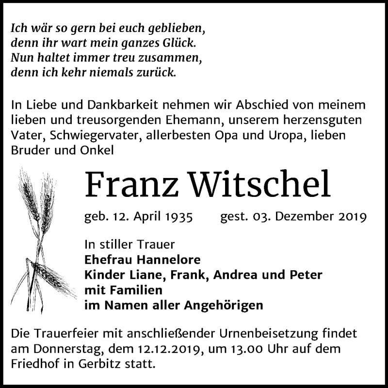  Traueranzeige für Franz Witschel vom 09.12.2019 aus Mitteldeutsche Zeitung Bernburg