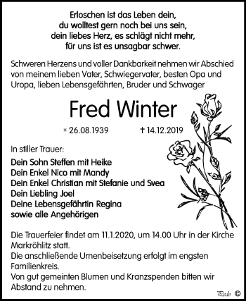 Traueranzeige von Fred Winter von Mitteldeutsche Zeitung Weißenfels
