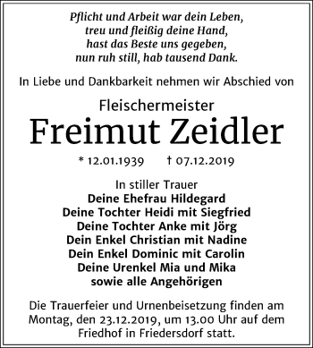 Traueranzeige von Freimut Zeidler von Wochenspiegel Bitterfeld