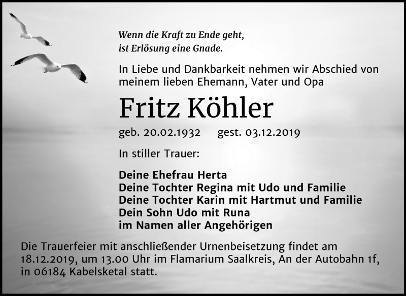  Traueranzeige für Fritz Köhler vom 11.12.2019 aus Wochenspiegel Weißenfels