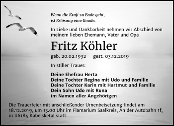 Traueranzeige von Fritz Köhler von Wochenspiegel Weißenfels