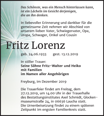 Traueranzeige von Fritz Lorenz von Mitteldeutsche Zeitung Naumburg/Nebra