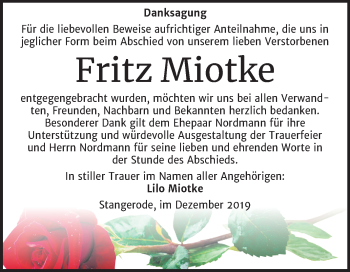 Traueranzeige von Fritz Miotke von Mitteldeutsche Zeitung Mansfelder Land