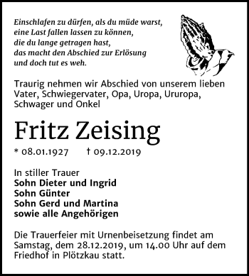 Traueranzeige von Fritz Zeising von Super Sonntag Bernburg
