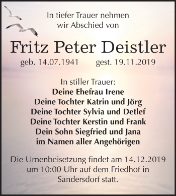 Traueranzeige von Fritz Peter Deistler von Wochenspiegel Bitterfeld