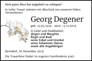 Traueranzeige von Georg Degener von Wochenspiegel Mansfelder Land