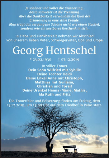 Traueranzeige von Georg Hentschel von Mitteldeutsche Zeitung Wittenberg