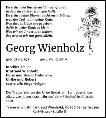 Traueranzeige von Georg Wienholz von Super Sonntag Sangerhausen