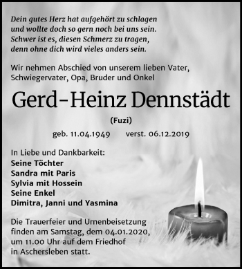 Traueranzeige von Gerd-Heinz Dennstädt von Super Sonntag Aschersleben