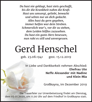 Traueranzeige von Gerd Henschel von Mitteldeutsche Zeitung Merseburg/Querfurt