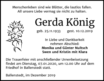 Traueranzeige von Gerda König von Mitteldeutsche Zeitung Quedlinburg