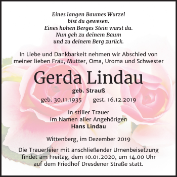 Traueranzeige von Gerda Lindau von Super Sonntag Wittenberg