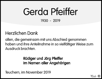 Traueranzeige von Gerda Pfeiffer von Wochenspiegel Weißenfels