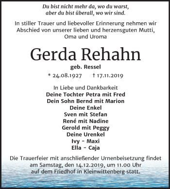 Traueranzeige von Gerda Rehahn von Super Sonntag Wittenberg