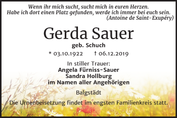 Traueranzeige von Gerda Sauer von Wochenspiegel Naumburg/Nebra