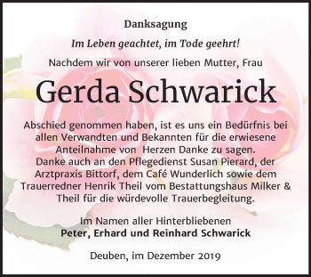 Traueranzeige von Gerda Schwarick von Mitteldeutsche Zeitung Weißenfels