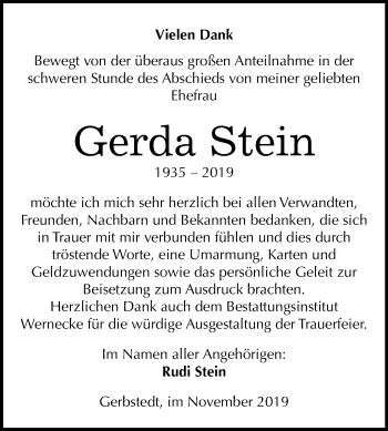 Traueranzeige von Gerda Stein von Wochenspiegel Mansfelder Land