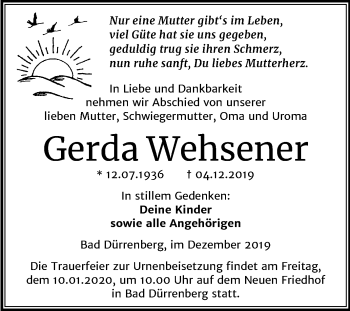 Traueranzeige von Gerda Wehsener von Mitteldeutsche Zeitung Merseburg/Querfurt