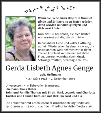 Traueranzeige von Gerda Lisbeth Agnes Genge von Mitteldeutsche Zeitung Halle/Saalkreis