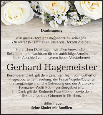 Traueranzeige von Gerhard Hagemeister von Wochenspiegel Mansfelder Land