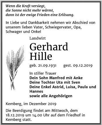Traueranzeige von Gerhard Hille von Super Sonntag Wittenberg