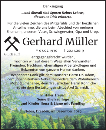 Traueranzeige von Gerhard Müller von Wochenspiegel Naumburg/Nebra