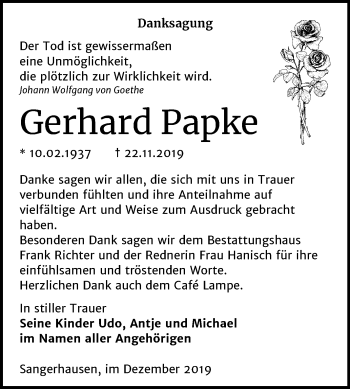Traueranzeige von Gerhard Papke von Super Sonntag Sangerhausen