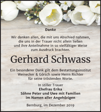 Traueranzeige von Gerhard Schwass von Super Sonntag Bernburg