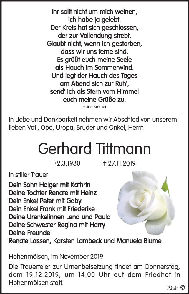  Traueranzeige für Gerhard Tittmann vom 04.12.2019 aus Wochenspiegel Weißenfels