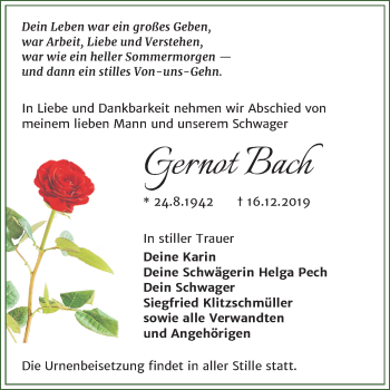 Traueranzeige von Gernot Bach von Wochenspiegel Naumburg/Nebra