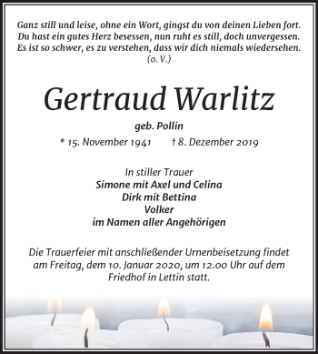 Traueranzeige von Gertraud Warlitz von Mitteldeutsche Zeitung Halle/Saalkreis