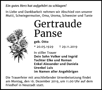 Traueranzeige von Gertraude Panse von Mitteldeutsche Zeitung Halle/Saalkreis