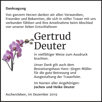 Traueranzeige von Gertrud Deuter von Super Sonntag Aschersleben