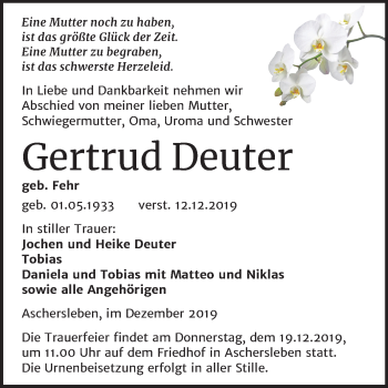 Traueranzeige von Gertrud Deuter von Wochenspiegel Aschersleben
