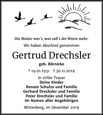 Traueranzeige von Gertrud Drechsler von Super Sonntag Wittenberg